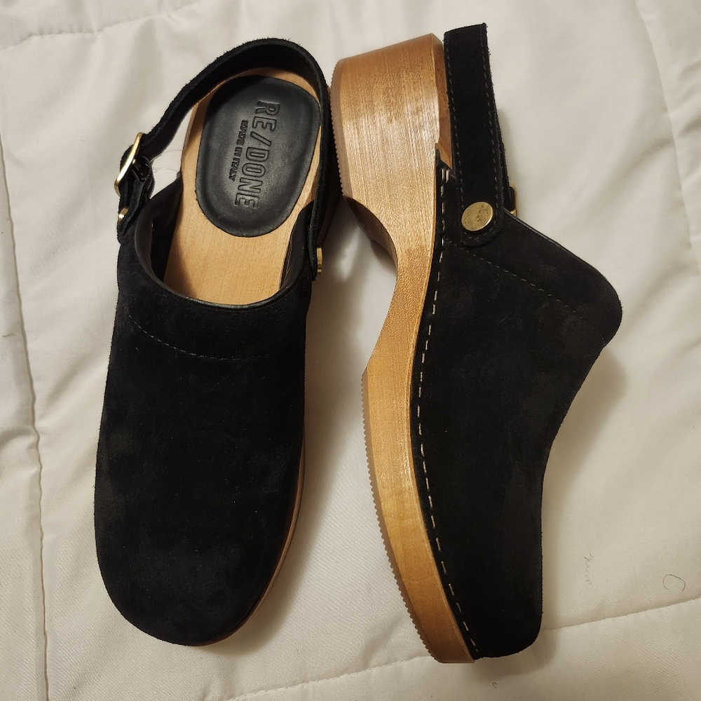 RE/DONE Womens Suede Leather Buckle Detail Mules